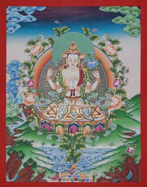 Original Hand-Painted Four Armed Chenrezig Thangka | Tibetan Buddhist Painting | Bodhisattva Thangka